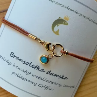 Bransoletka ze skóry naturalnej i stali chirurgicznej z zawieszką z apatytu